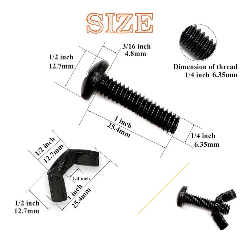 Matrelt 30 Pack Black 1/4"-20 x1 Screw Bolts and Wing Nut Kit 15pcs Machine Screws with Round Head Phillips 15pcs Butterfly Hand Twist Tighten Nut Zinc Plated Hardware Fitting Fastenings Assortment Kit - Image 2
